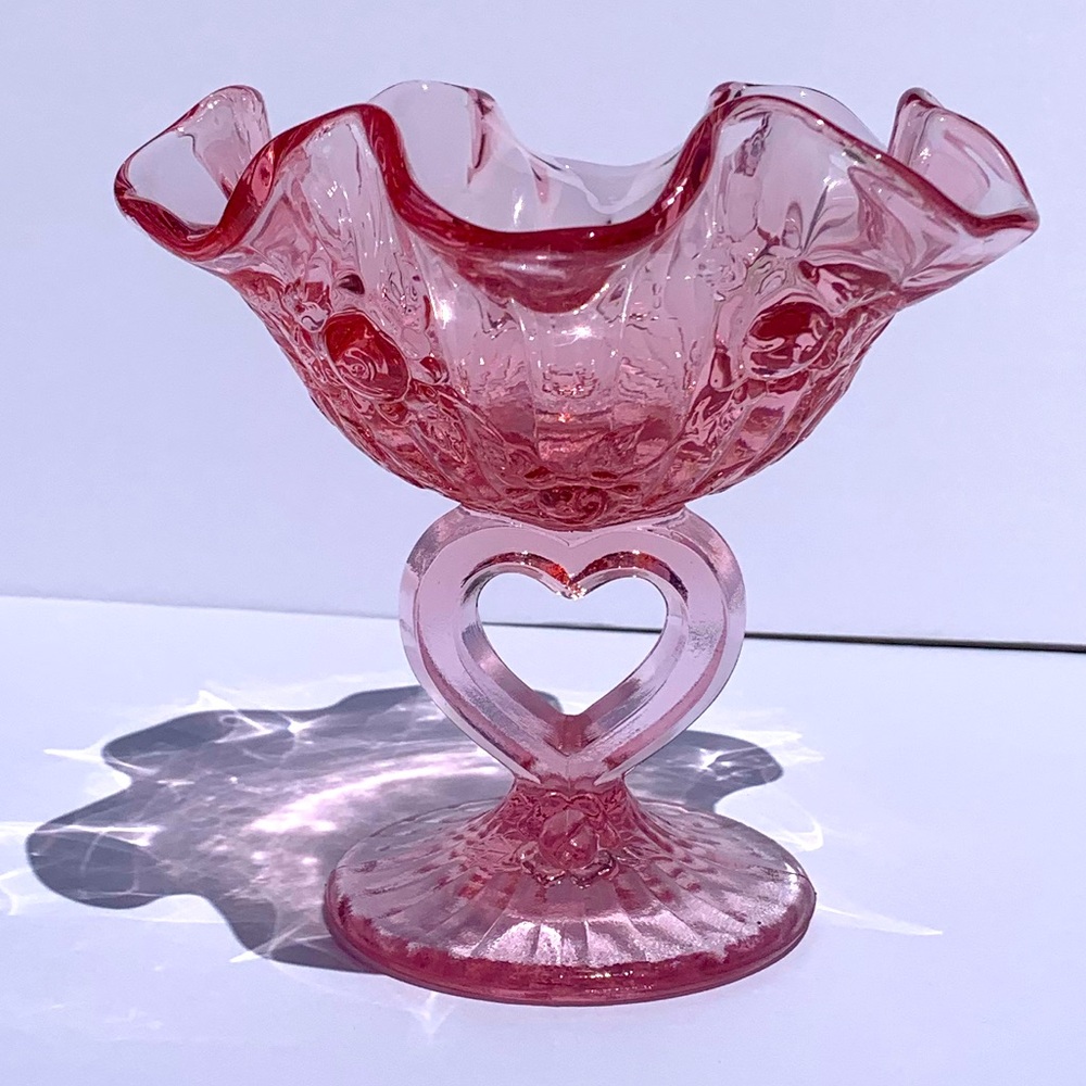 Vintage Fenton Pink Cabbage Rose Candy/Nut Dish Heart Stem Pedestal Glass w/tag